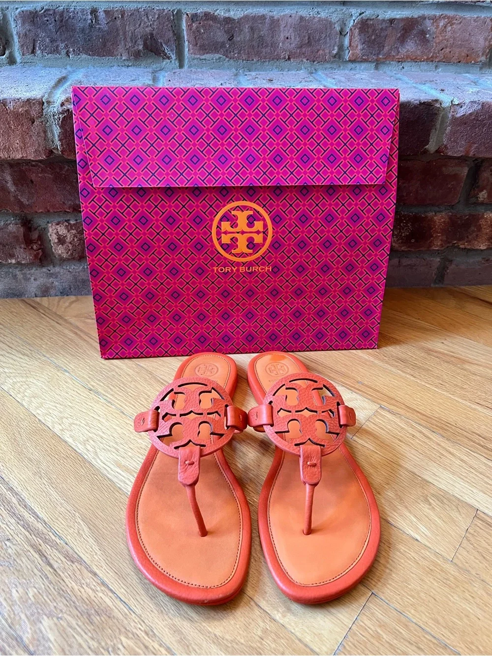 Tory Burch Orange Two-Toned Tumbled Leather Miller Sandals